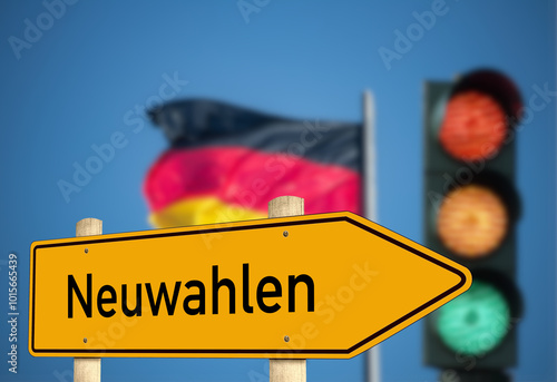 Flagge von Deutschland, eine Ampel und Schild Neuwahlen photo