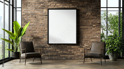 Modern interior design featuring a minimalist frame on a brick wall, surrounded by plants and comfortable chairs for relaxation. photo