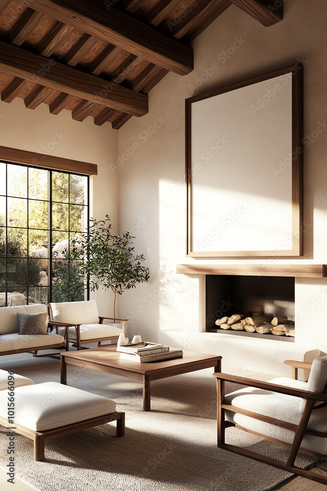 Modern minimalist living room with natural light, wooden furniture, cozy fireplace, and elegant decor for a serene atmosphere. Modern minimalist living room with natural light, wooden furniture, cozy fireplace, and elegant decor for a serene atmosphere.