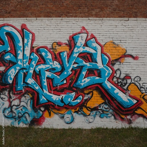 Eky’s graffiti art with abstract forms and bright, bold colors, covering a classic brick wall against a plain white background.