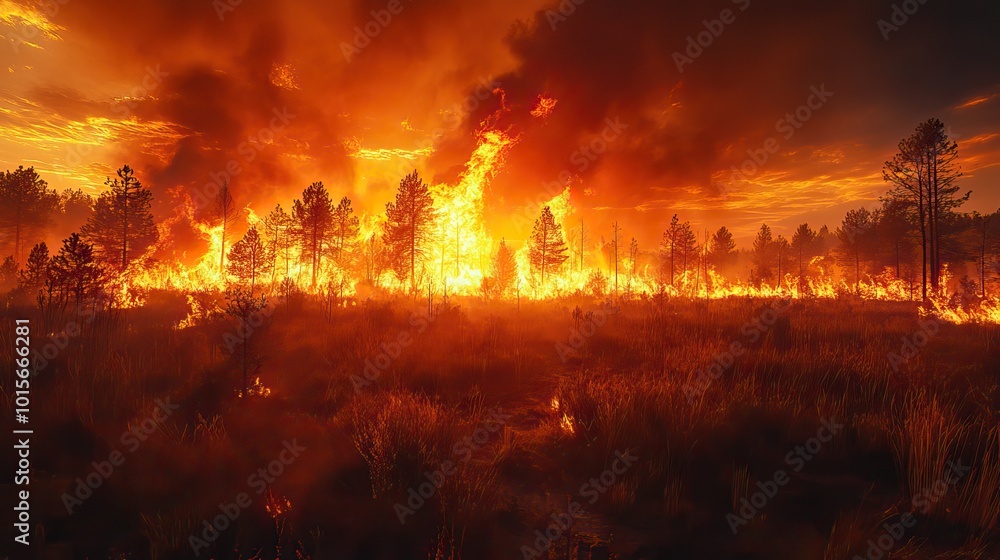 Fototapeta premium An uncontrolled wildfire spreads rapidly, endangering nearby communities and wildlife.