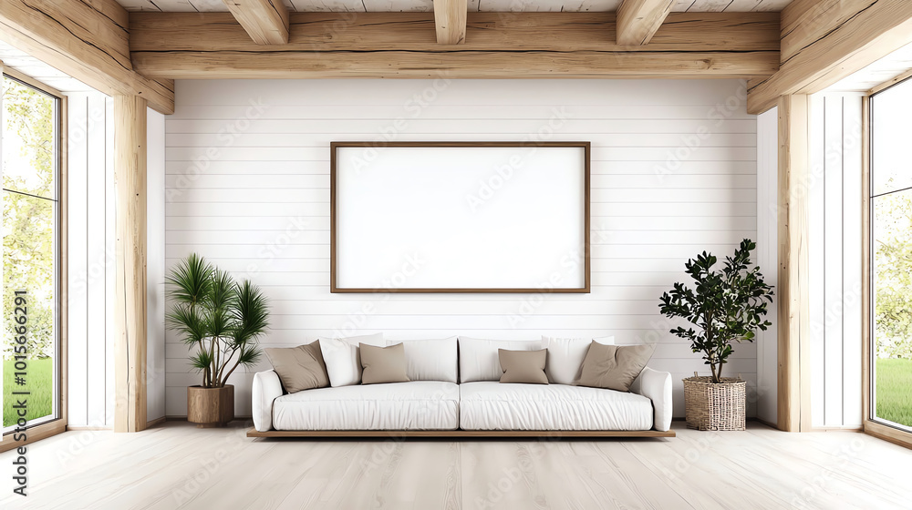 Stylish living room with white couch, wooden beams, large windows, and potted plants, creating a serene and modern environment. Stylish living room with white couch, wooden beams, large windows, and potted plants, creating a serene and modern environment.