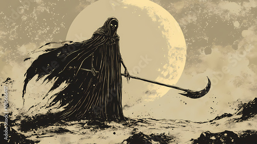 Person scythe standing front full moon long cloak vibes profile ghostly necromancer undead desert lich pharaoh shadows screaming wanderers traveling death android. Undead Pharaoh. Illustration photo