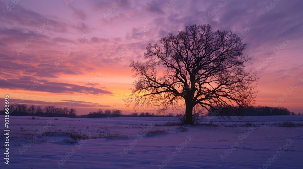 Lone Tree Silhouette at Sunset in Snowy Field Lone Tree Silhouette at Sunset in Snowy Field