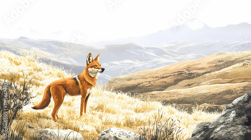 Rare, majestic ethiopian wolf in the highlands - detailed wildlife photo on white background. Ethiopian Highlands. Illustration