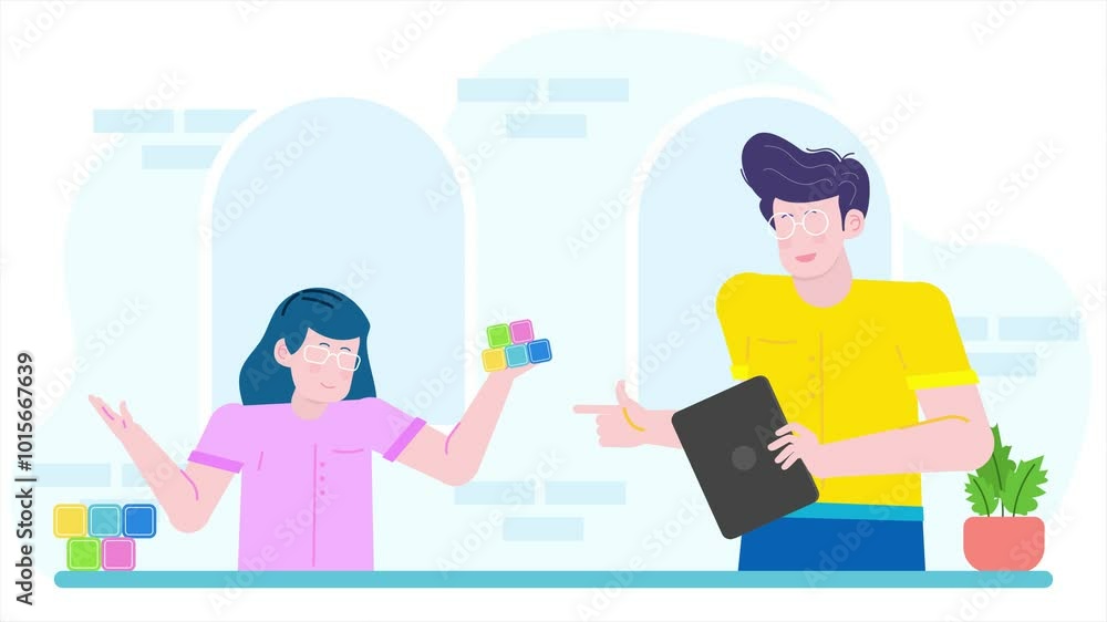 father and daughter engaging with colorful blocks and a tablet in a bright setting illustration animated video father and daughter engaging with colorful blocks and a tablet in a bright setting illustration animated video