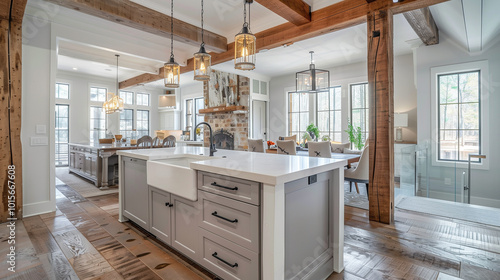 Modern farmhouse kitchen with rustic wood beams and a large farmhouse sink.