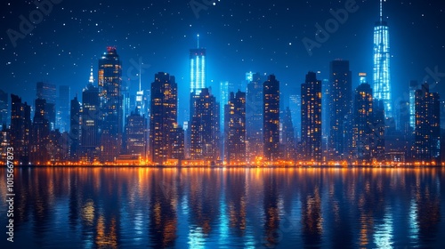 A cityscape skyline at night, with a glowing city reflected in the water.