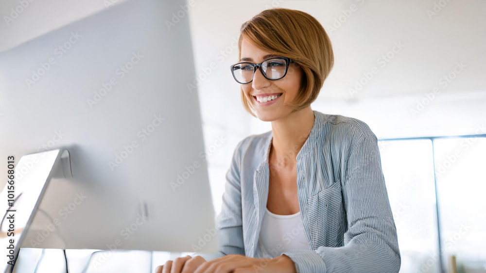 Beautiful woman watching online training courses for successful business in office. Portrait of happy designer using laptop computer and internet, working freelance project remotely Beautiful woman watching online training courses for successful business in office. Portrait of happy designer using laptop computer and internet, working freelance project remotely