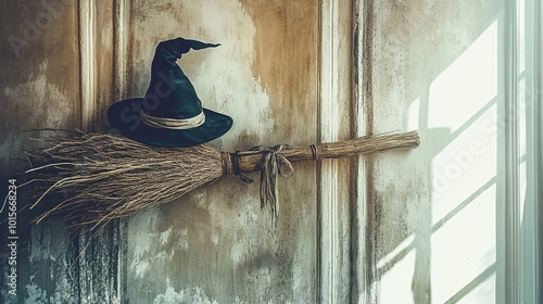 A close-up shot of an old-fashioned witch's broom made from natural twigs and a vintage black hat - Generative AI photo