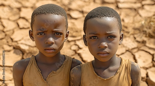 Boys search for water in dry, cracked land, representing the harsh realities of climate change and the importance of conservation to sustain life on Earth.