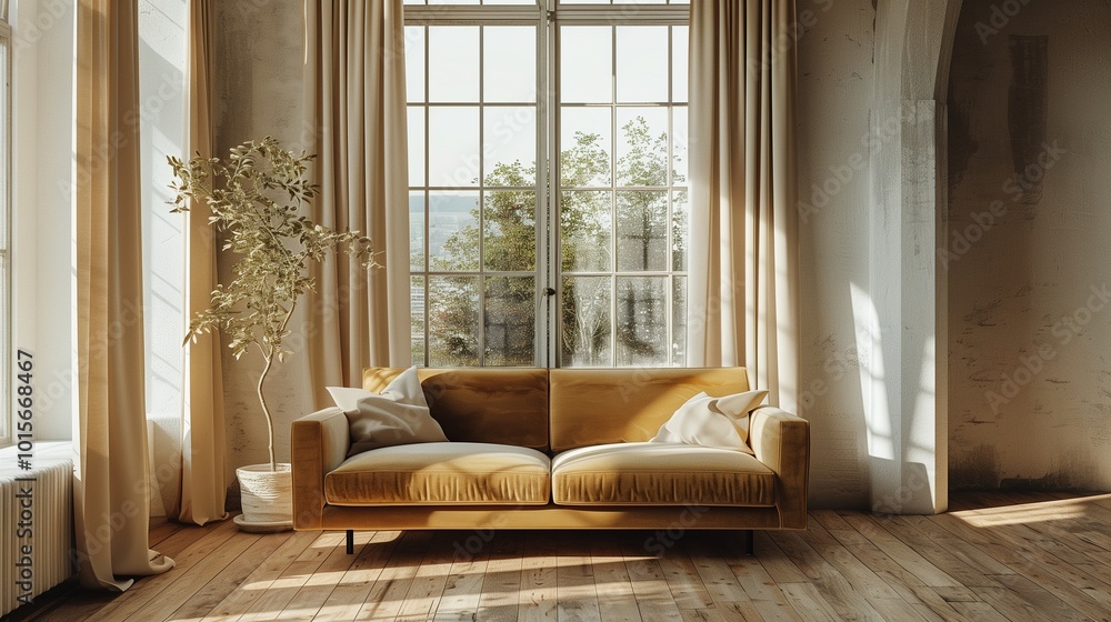 A minimalist living room with a velvet sofa and curtains gently hanging over the windows A minimalist living room with a velvet sofa and curtains gently hanging over the windows