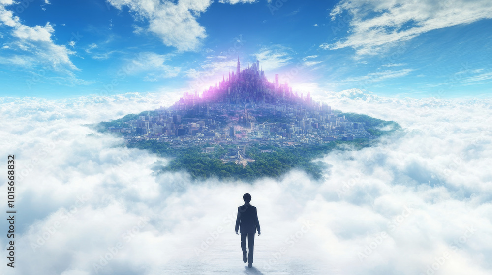 A lone figure walks towards a majestic city in the clouds. This surreal landscape is a powerful image of ambition and reaching for your dreams. A lone figure walks towards a majestic city in the clouds. This surreal landscape is a powerful image of ambition and reaching for your dreams.