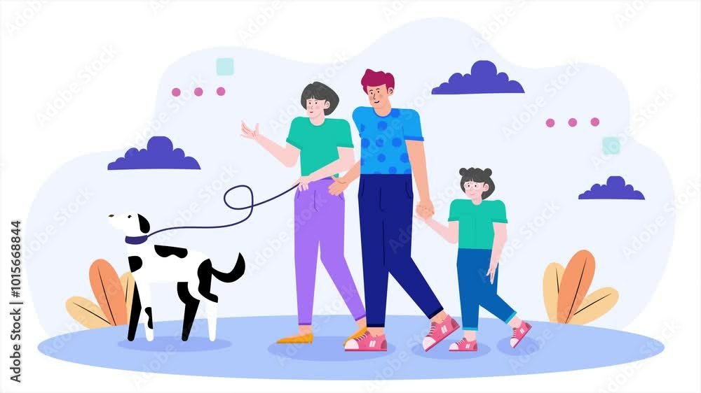 a family walking their dog together in a serene natural setting illustration animated video a family walking their dog together in a serene natural setting illustration animated video