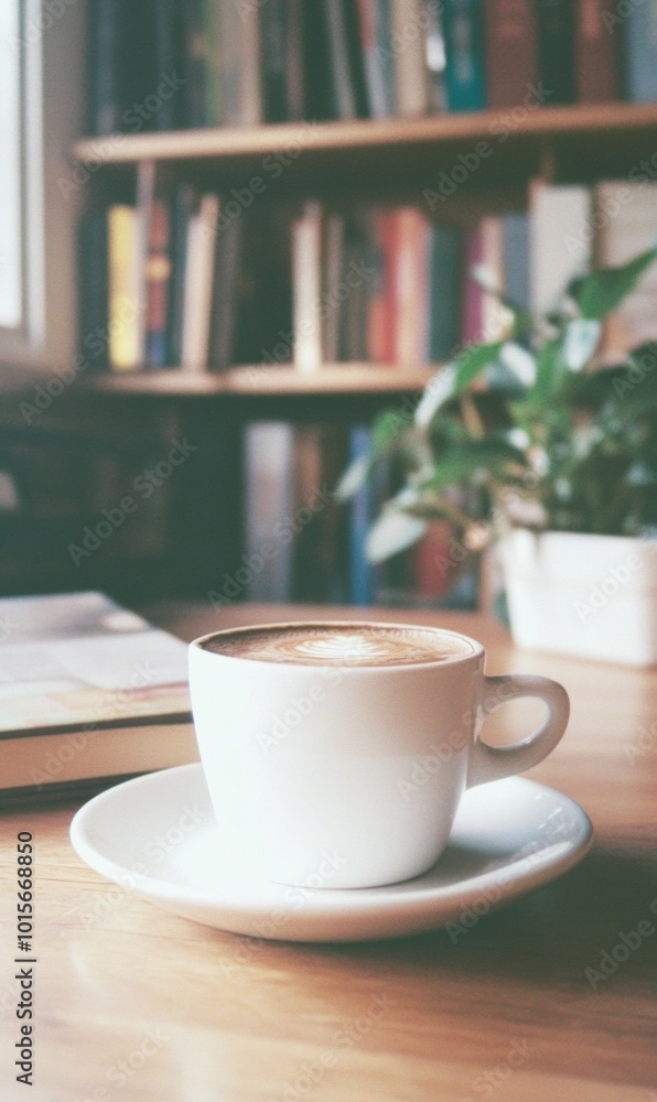 Fototapeta premium Cozy Cafe with Coffee Cup and Sustainable Decor – Books and Plants in the Background