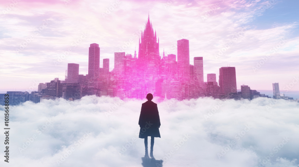 A lone figure stands on a cloud, gazing at a city skyline bathed in a pink and purple glow. A lone figure stands on a cloud, gazing at a city skyline bathed in a pink and purple glow.