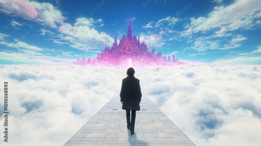 Obraz premium A lone figure walks towards a magical city in the clouds. The city is bathed in pink and white light, casting an ethereal glow.