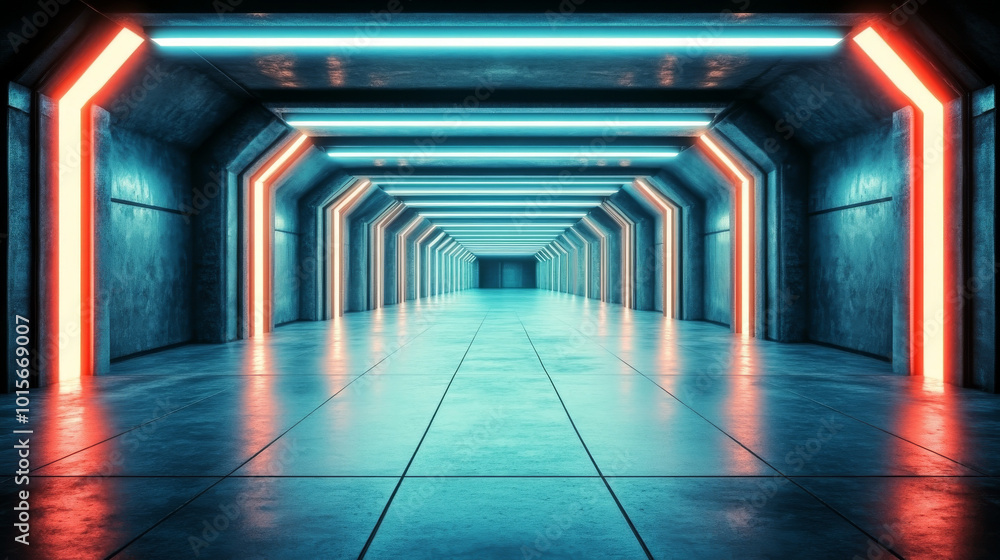 Futuristic hallway with blue and red neon lights. Futuristic hallway with blue and red neon lights.