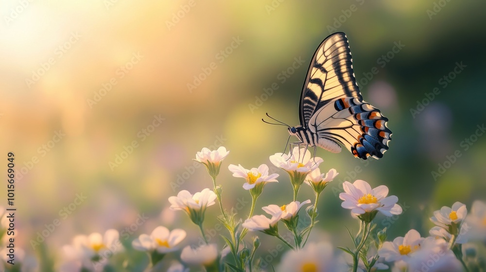 butterfly with vibrant markings rests on blooming wildflowers, basking in the soft morning light, capturing the beauty of nature in a peaceful, serene moment.