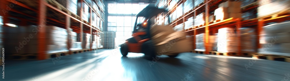 anaglyphic holographic of A wide-angle view of a warehouse filled with shelves stacked neatly with boxes and products, with a forklift moving in the background and large windows allowing natural anaglyphic holographic of A wide-angle view of a warehouse filled with shelves stacked neatly with boxes and products, with a forklift moving in the background and large windows allowing natural