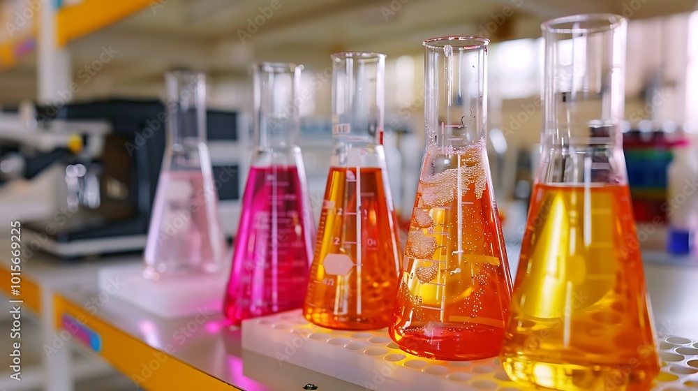 Beakers with vibrant, bubbling liquids in a chemistry lab, lab equipment visible in background Beakers with vibrant, bubbling liquids in a chemistry lab, lab equipment visible in background
