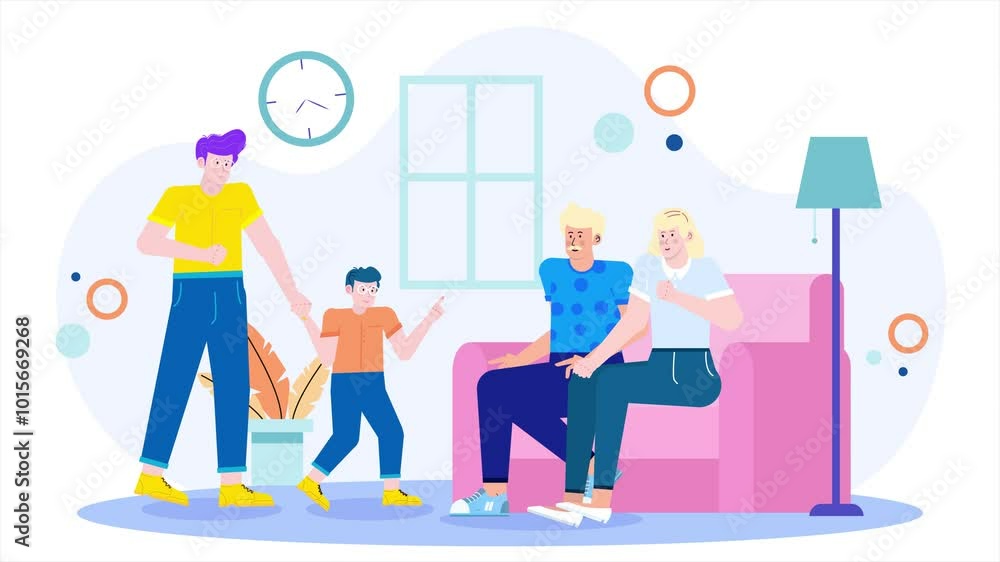A cheerful illustration of a family enjoying leisure time in their living room animated video A cheerful illustration of a family enjoying leisure time in their living room animated video