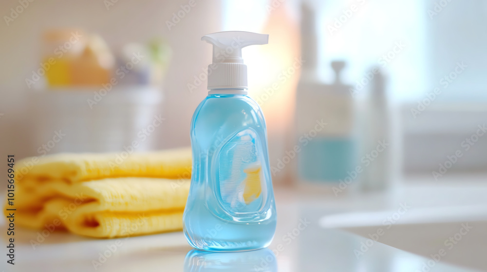 Liquid soap bottle in a bright bathroom setting, featuring a light blue color with yellow towels in the background for a fresh look. Liquid soap bottle in a bright bathroom setting, featuring a light blue color with yellow towels in the background for a fresh look.