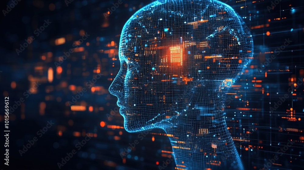 Digital Illustration of AI Head Composed of Pixels, Technology Wireframe 
