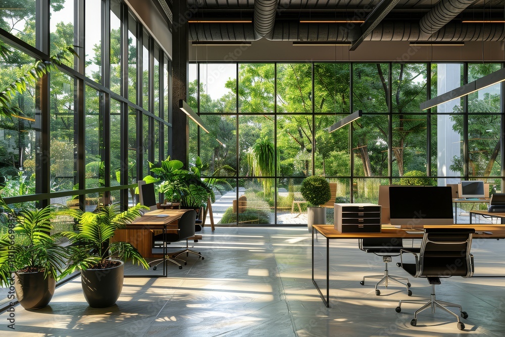 Bright modern open space office interior featuring desks and chairs, large windows with nature views, and green plants on the floor in a photorealistic style. Bright modern open space office interior featuring desks and chairs, large windows with nature views, and green plants on the floor in a photorealistic style.