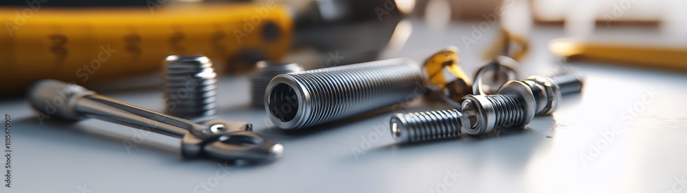 3D render of Close-up of an assortment of mechanical fasteners like screws and bolts on a white table, with a screwdriver and a tape measure positioned nearby, reflecting an engineering context 3D render of Close-up of an assortment of mechanical fasteners like screws and bolts on a white table, with a screwdriver and a tape measure positioned nearby, reflecting an engineering context