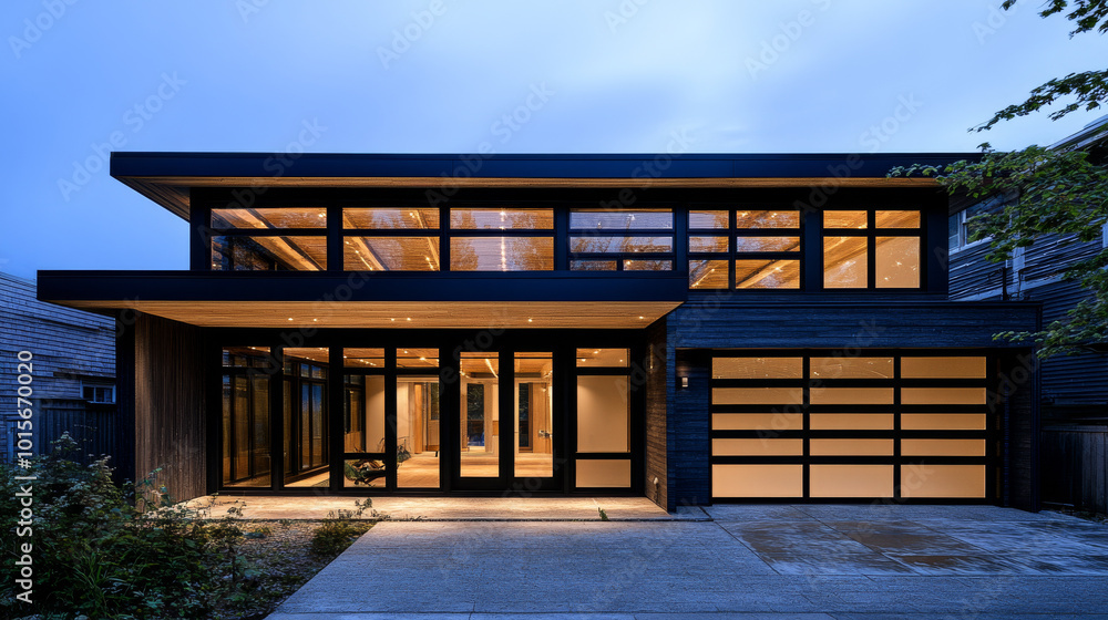 Modern black house with large windows illuminated at dusk. Modern black house with large windows illuminated at dusk.