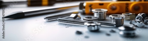 3D render of Close-up of an assortment of mechanical fasteners like screws and bolts on a white table, with a screwdriver and a tape measure positioned nearby, reflecting an engineering context