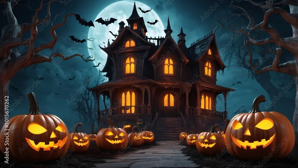 Haunted House With Jack O Lanterns And Bats On Halloween Night Haunted House With Jack O Lanterns And Bats On Halloween Night