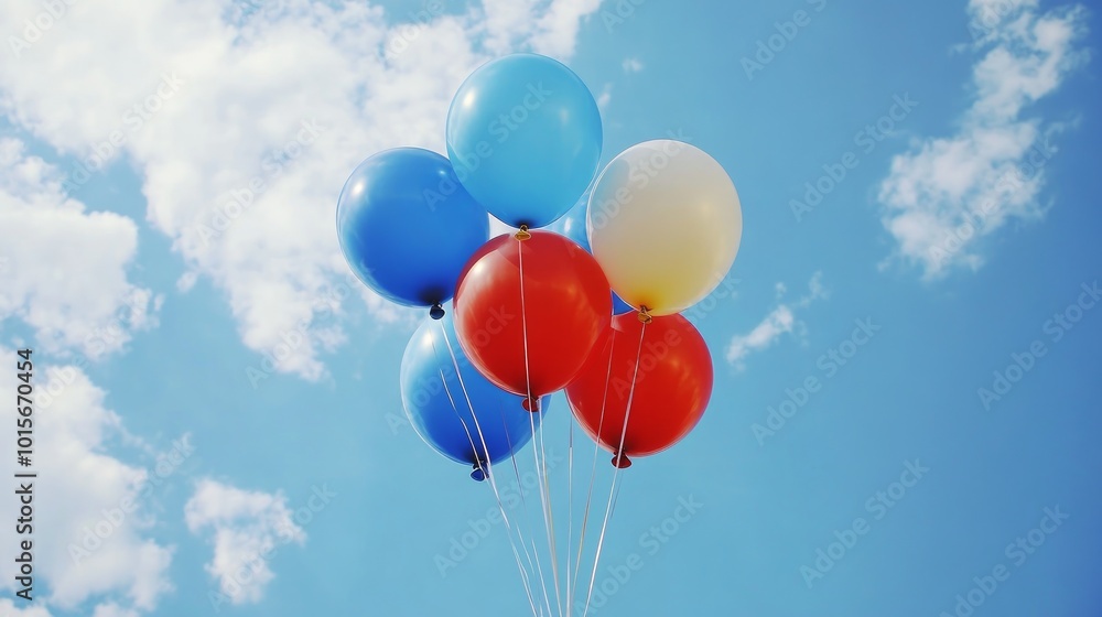A cluster of colorful balloons float against a bright blue sky with fluffy white clouds. A cluster of colorful balloons float against a bright blue sky with fluffy white clouds.