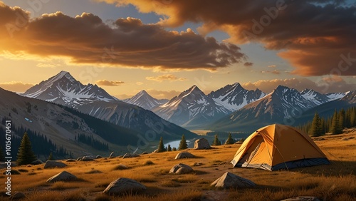 Sunset Camping in the Mountains with a View of a Valley