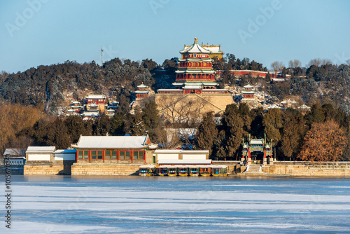 Snowscape of the Summer Palace in Beijing, Tower of Buddhist Incense (Foxiangge) photo