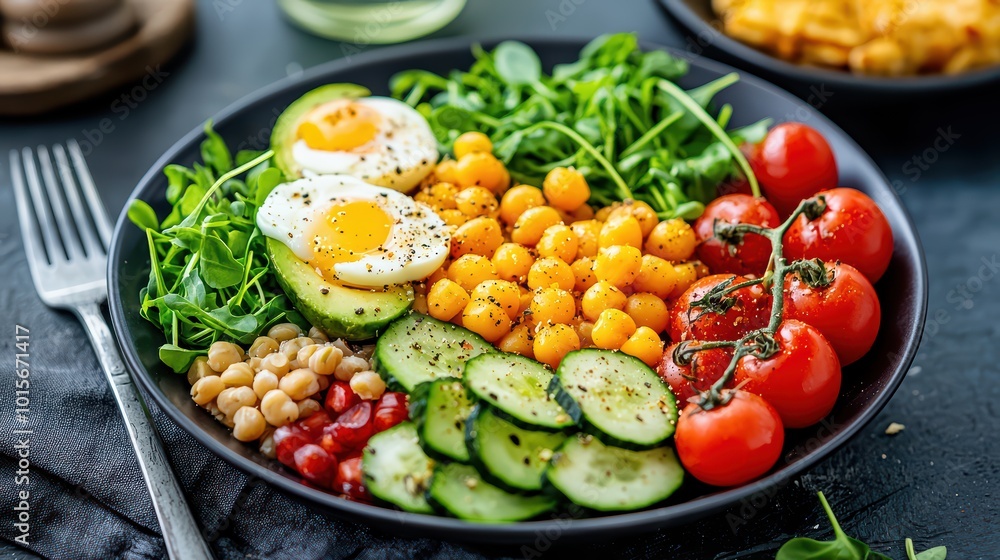 Delicious & Healthy Salad Bowl with Egg, Avocado, Chickpeas & Tomatoes Delicious & Healthy Salad Bowl with Egg, Avocado, Chickpeas & Tomatoes