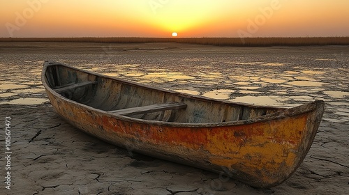 A traditional Marsh Arab canoe, known as a Mashoof, sits abandoned on the dry, cracked soil in southern Iraq, symbolizing drought from climate change and political instability.