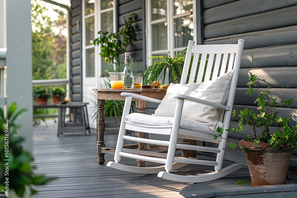 White outdoor rocking chair with cushions on a bright front porch surrounded by greenery. White outdoor rocking chair with cushions on a bright front porch surrounded by greenery.