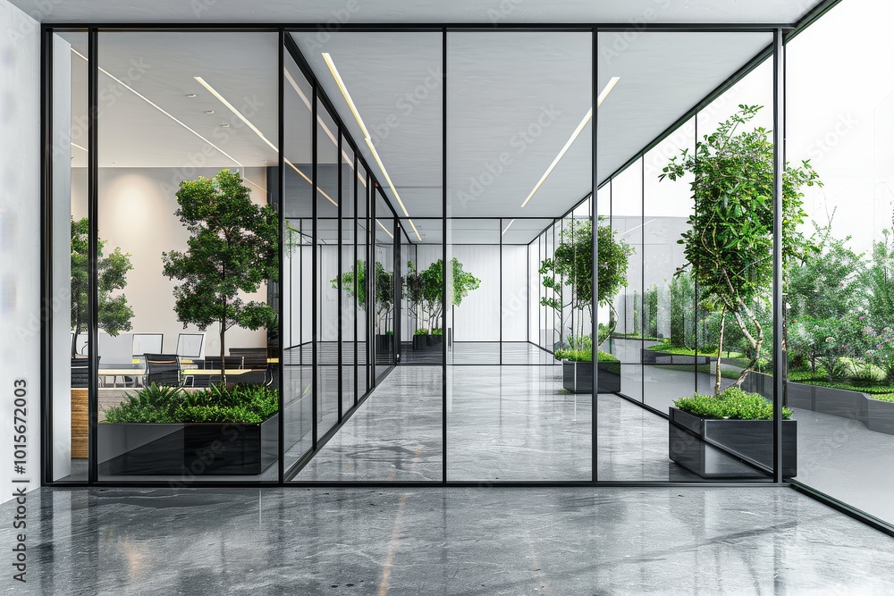 Modern office interior featuring glass walls and concrete floor, with a long corridor, white walls, and plants in black pots. Modern office interior featuring glass walls and concrete floor, with a long corridor, white walls, and plants in black pots.