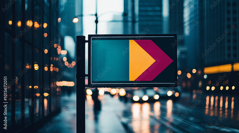 A street sign with a colorful geometric design stands out against a blurred background of city lights and buildings. A street sign with a colorful geometric design stands out against a blurred background of city lights and buildings.