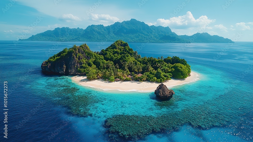 Naklejka premium A tropical island in Indonesia, surrounded by turquoise waters and lush vegetation, is captured in stunning aerial footage.