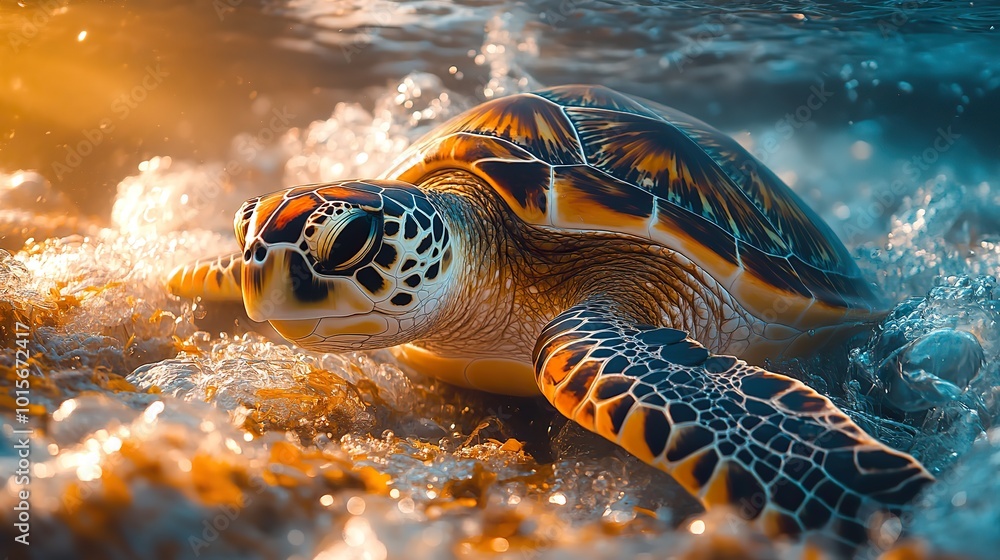 Fototapeta premium A turtle swims through the ocean caught in plastic nets, symbolizing the intersection of plastic pollution and global warming concerns.