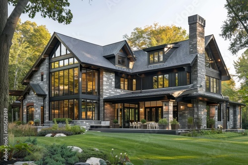 Modern style home in Twin Cities, Minnesota, featuring a grey shingle roof, stone accents, large windows, and a green grass yard with trees, showcasing modern farmhouse architecture.