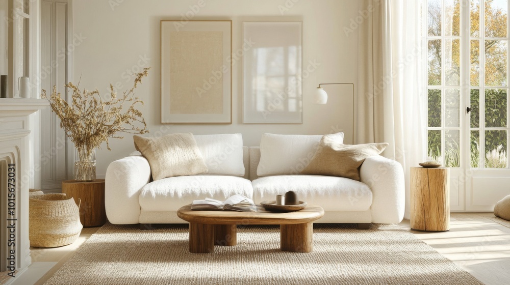 A bright, inviting living room showcases a white sofa adorned with pillows, a wooden coffee table, and warm decor A bright, inviting living room showcases a white sofa adorned with pillows, a wooden coffee table, and warm decor