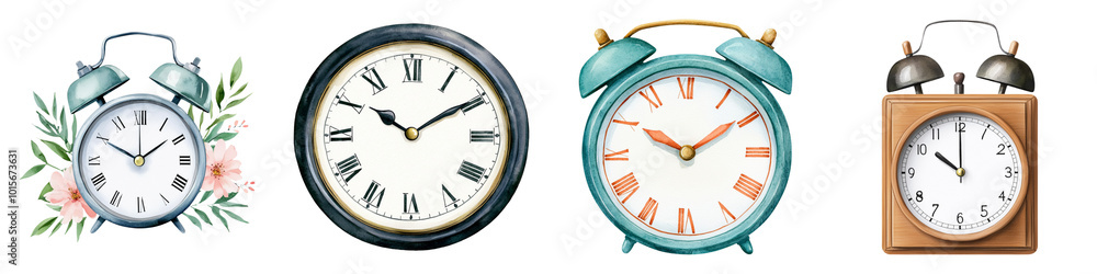A collection of four distinct alarm clocks, each with unique designs and styles, showcasing the variety in timepieces. A collection of four distinct alarm clocks, each with unique designs and styles, showcasing the variety in timepieces.