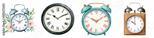 A collection of four distinct alarm clocks, each with unique designs and styles, showcasing the variety in timepieces.