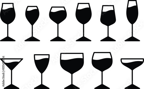 Glass for drink icons. Cocktail and alcoholic drink for party liquid martini with ice bar pictogram vector collection. Illustration of alcohol drink, martini beverage and whiskey