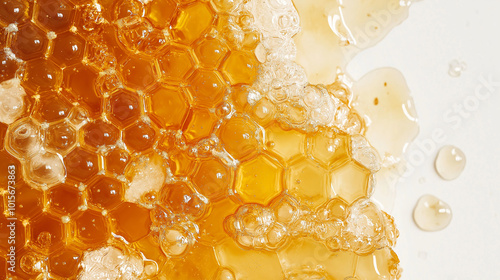 close-up, top down view, the image of honey spreading on a white background