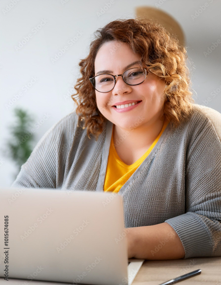 Modern electronic gadgets, job and occupation concept. Cute elegant young brunette female with excess weight using laptop computer for remote work, looking at screen, holding pen, writing down Modern electronic gadgets, job and occupation concept. Cute elegant young brunette female with excess weight using laptop computer for remote work, looking at screen, holding pen, writing down